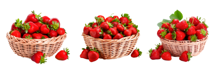 Collage set of whicker basket full of strawberries over isolated transparent background