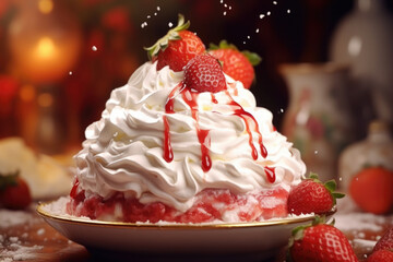 A delicious strawberry shortcake topped with fluffy whipped cream and fresh strawberries. Perfect for desserts or special occasions