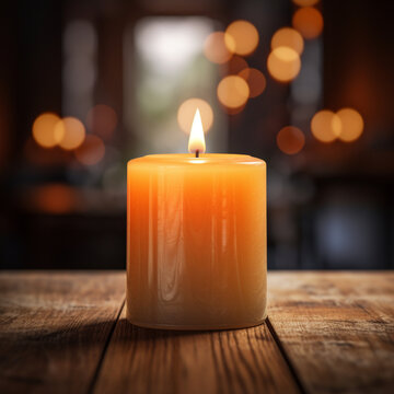 Fondo con detalle y textura de vela de tonos anaranjados con llama encendida y fondo con luces difusas