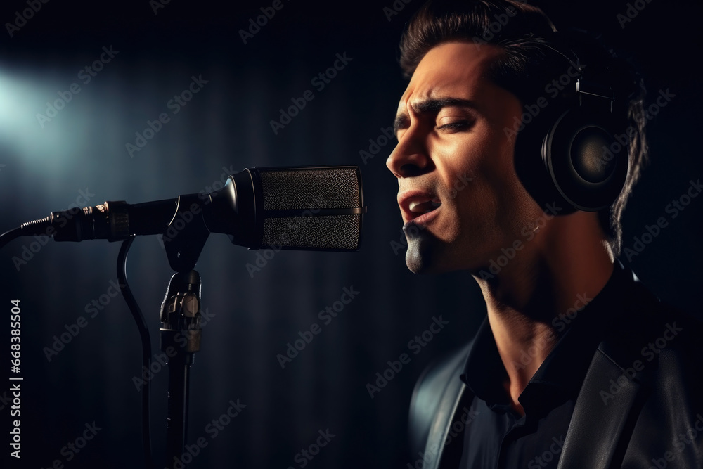 Poster A man is captured singing into a microphone while wearing headphones. This image can be used for music-related projects or to depict a singer in a recording studio