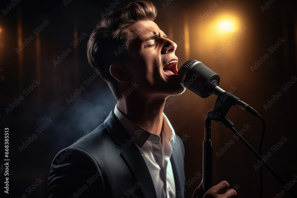 Poster a man in a suit singing into a microphone. suitable for music events and performances