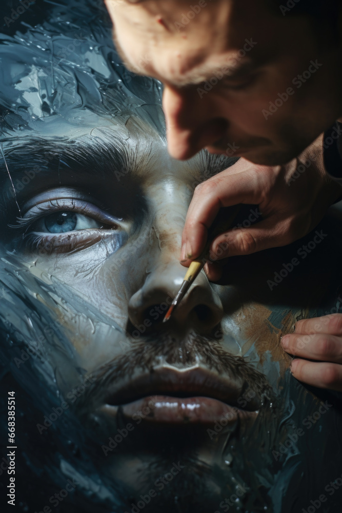 Aufkleber A man is painting a picture of a man's face. This image can be used for various art-related concepts and themes