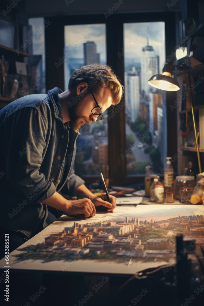 Poster a man sitting in a dark room, focused on writing on a piece of paper. this image can be used to repr