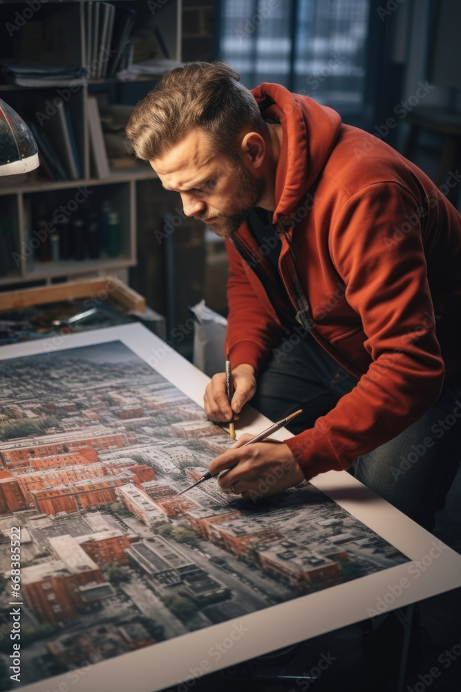 Poster A man wearing a red jacket is seen drawing on a piece of paper. This image can be used for creative projects or to illustrate the concept of artistic expression