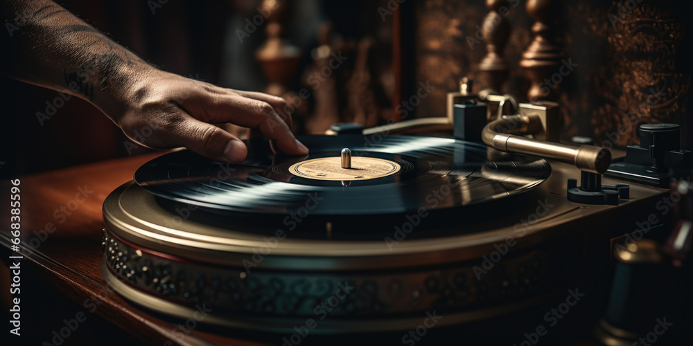 Aufkleber a person is shown in the image playing a record on a turntable. this picture can be used to depict m