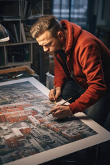 Fototapeta na wymiar A man wearing a red jacket is seen drawing on a piece of paper. This image can be used for creative projects or to illustrate the concept of artistic expression