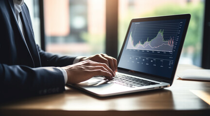 finance with a professional businessman use using laptop and tablet analyzing financial data, graph growth chart in action. perfect business plan, strategy, and solution - obrazy, fototapety, plakaty