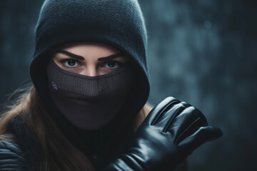 Fototapeta A woman wearing a black mask and gloves. Suitable for mystery, thriller, or crime-themed designs obraz