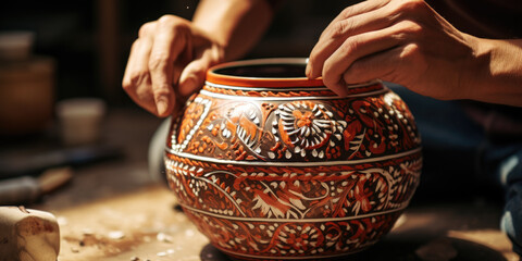 A person is shown creating a vase out of clay. This image can be used for various purposes, such as pottery classes, art projects, or DIY crafts