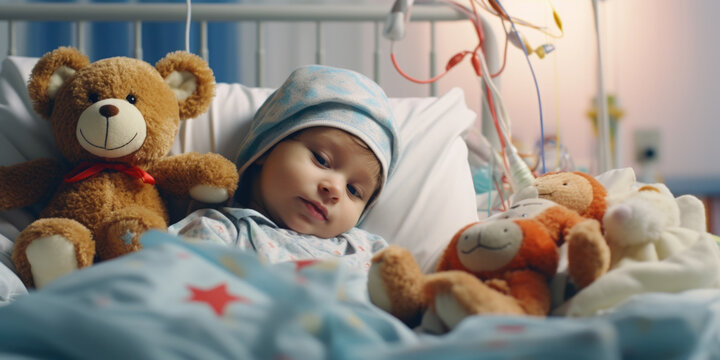 A peaceful image of a sleeping baby in a hospital bed surrounded by stuffed animals.