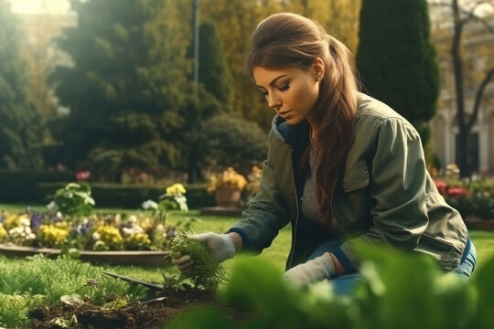 A woman wearing a green jacket is seen working in a garden. This image can be used to depict gardening, outdoor activities, or sustainability.