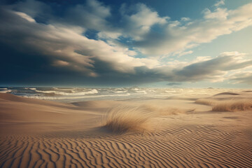 A serene image of a sandy beach with a few clouds in the sky.  - obrazy, fototapety, plakaty
