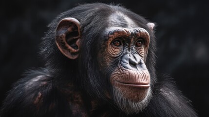 Portrait of a chimpanzee looking at the camera on a black background. Wildlife concept with a copy space.