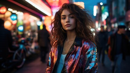 A woman standing on a city street at night