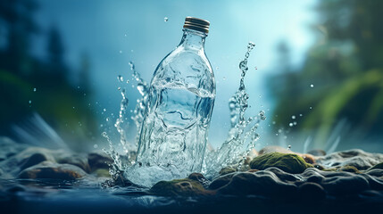 Mineral water. Falling glass bottle. A plastic bottle in the middle and flying splashes and drops of water around.