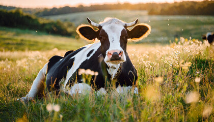 Vaca blanca con manchas negras sentada en un prado verde al atardecer, en un campo grande con pasto, animal de granja, hora dorada, mirando hacia la camara - obrazy, fototapety, plakaty