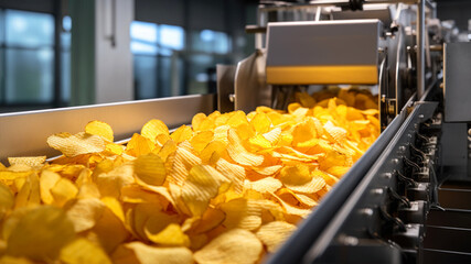 Potato chips on conveyor belt. Potato chips production line.