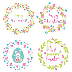 Happy Easter. Eater rabbit, easter Bunny. Vector illustration. Set of easter illustrations,  eggs flat design on white background. Happy Easter card - cute bunny, eggs and flowers elements