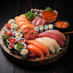 Fondo con detalle y textura de plato con multitud de piezas de sushi