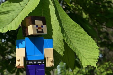 Fototapeta premium LEGO Minecraft large figure of main character Steve standing under spring mature leaves of Horse chestnut tree, latin name Aesculus hippocastanum, sunlit by spring daylight sunshine. 