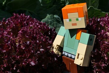 Fototapeta premium LEGO Minecraft figure of female character Alex standing next to spring ripening red leaf salad, cultivar Lollo Rosso, sunbathing in spring daylight sunshine. 