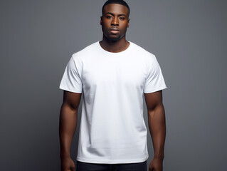 Man wearing a mock up t-shirt design while standing in front of a grey background
