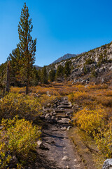 Hiking in Little Lakes Valley in the Eastern Sierra Nevada Mountains outside of Bishop, California. Alpine lakes, fall leaf colors, snow capped mountains and evergreen trees combine to make a pictures
