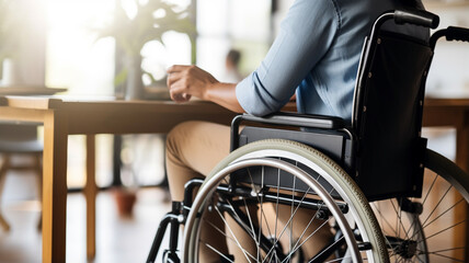 Obraz premium disabled man using laptop while sitting in wheelchair and working at home