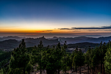 Beauty scenery with the Roque Nublo, the roque Bentayga and the island of Tenerife with the peak of Teide, from the summit of Gran Canaria