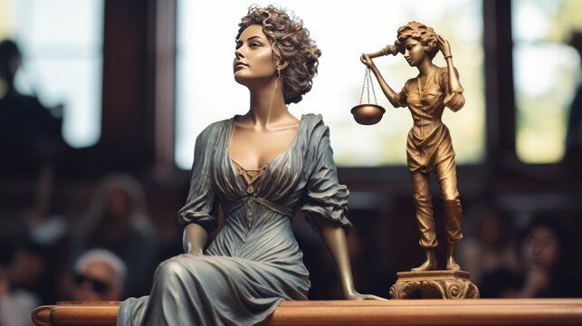 Statue of justice with scales of justice in a courtroom or law enforcement office.  Law and justice concept with a copy space.