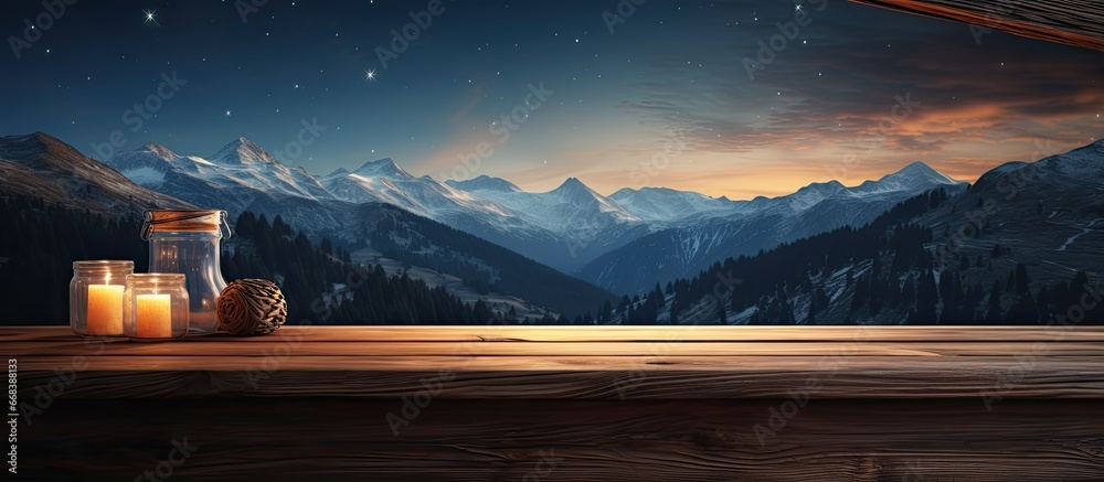 Poster decorated wooden table with a view of mountains moon and stars santa claus s home interior