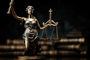 Statue of justice and scales of justice on a black background. Law and justice concept with a copy space.