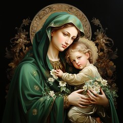 Bas-relief, image of the Virgin Mary holding baby Jesus. Ai generative © Ewa