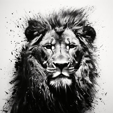 Monochrome Mastery: Detailed Black and White Texture Painting of a Lion