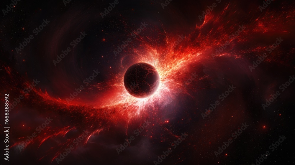 Poster planet in space. red star formed in an eclipse. abstract galaxy. colorful space galaxy cloud nebula.