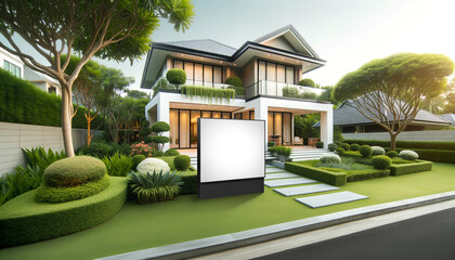 A modern home facade with large windows and a beautiful garden, extensive copy space. Insurance concept, Real Estate concept. Ai generative.