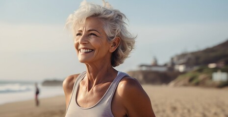 Radiant Senior Woman Enjoying a Beachside Workout. Generative ai