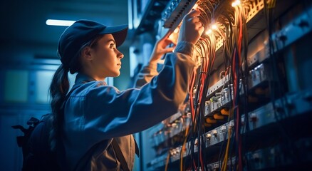 Dedicated Young Female Electrician Tending to a Switchboard. Generative ai