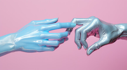 Ethereal touch between shimmering futuristic hands on a pop-colored background. - 668388764