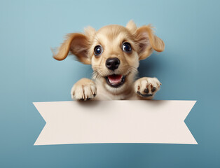 Playful golden puppy peeping over a blank white banner, set against a cool blue background.