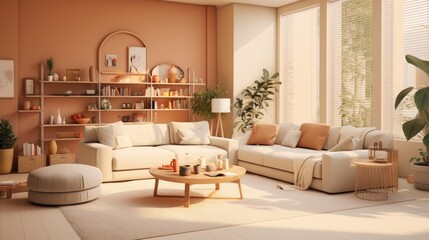 Fototapeta na wymiar Warm sunny living room. Couch and plants in a home with sun rays. Clean homy modern architecture. Summer house.