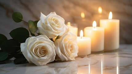 Serene arrangement of white roses and lit candles, setting a romantic ambiance.
