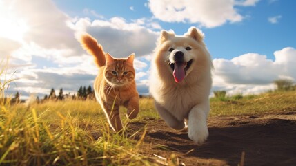 Adorable furry animal duo running happily. Cute Orange shorthair cat and Samoyed dog trotting toward camera. Abstract canine and feline joy. Homeward bound. - obrazy, fototapety, plakaty