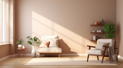 Fototapeta premium Warm sunny living room. Couch and plants in a home with sun rays. Clean homy modern architecture. Summer house.