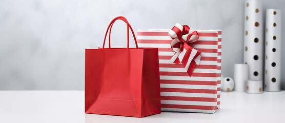 Red shopping bag and striped gift box with elegant ribbon on a marble background.