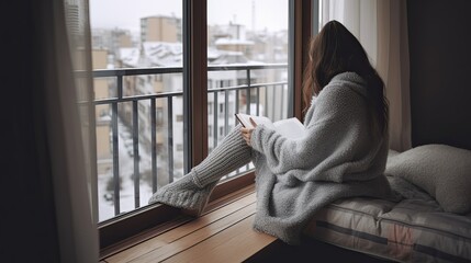  Back view photo of a girl reading a book on the balcony. Winter cold day, she is wearing a pajama pants and sweater. Relaxing on the soft chair, put her legs up on the handrails - obrazy, fototapety, plakaty