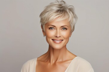 Fototapeta premium Graceful Senior Woman with Blonde Hair: Studio Portrait. Generative ai
