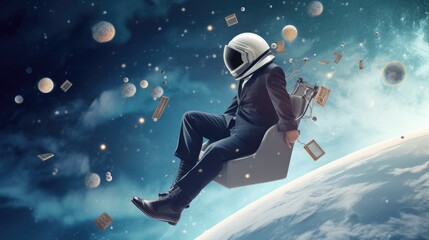  Conceptual creative artwork with businessman in helmet flying at outer space on sky background. 