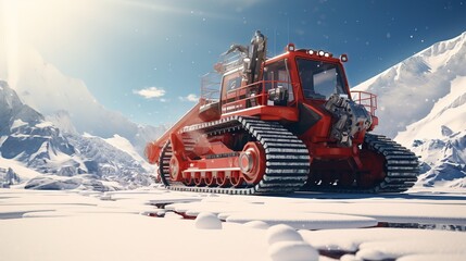 A snow groomer at a ski resort against the backdrop of snowy mountains. Ai generative