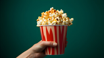 Closeup portrait of female hand holding a bucket of popcorn against green color background